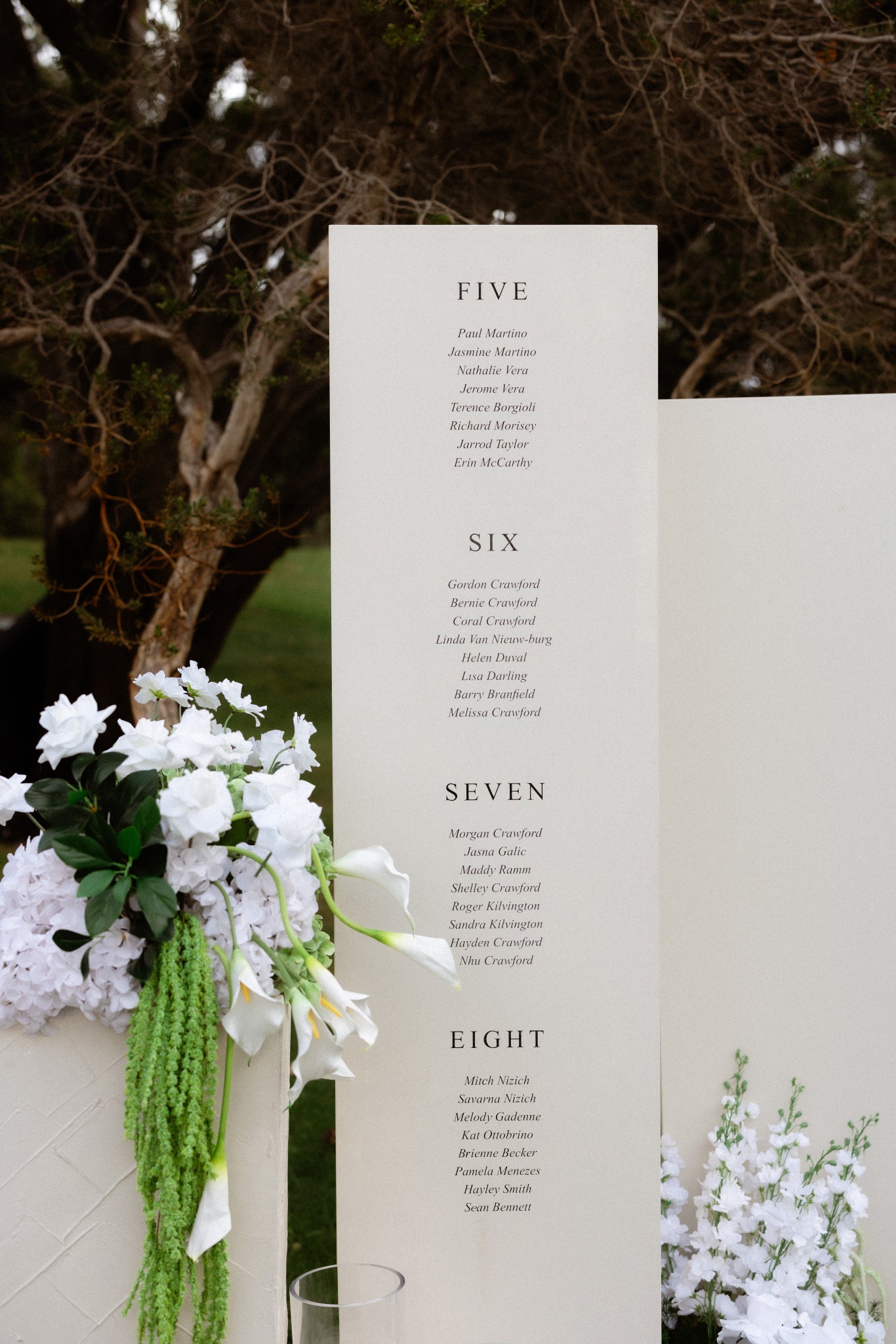 Award Winning Wedding Planner Vicky Rahmic designs Tall seating chart with black text against a natural background with flowers