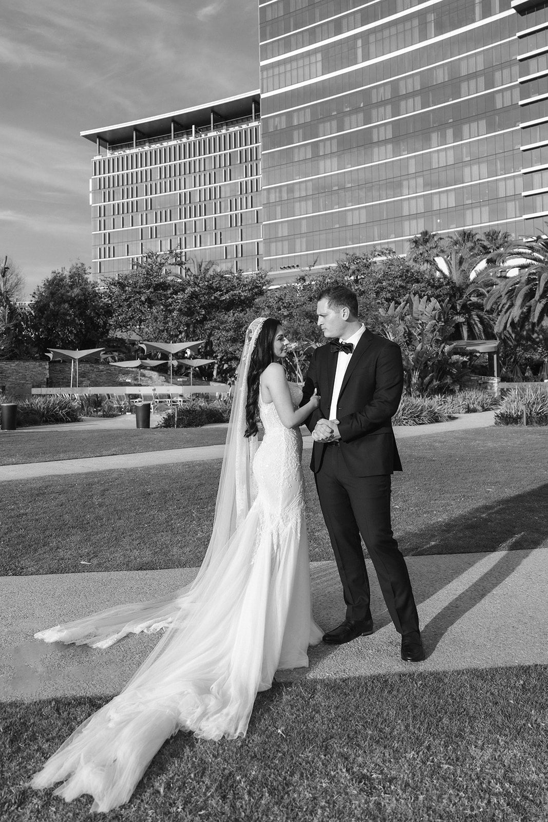 Bride and groom portrait on Crown Perth grounds
