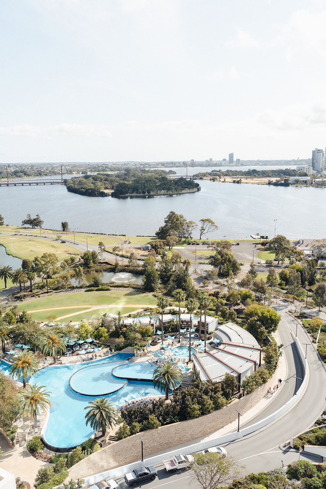 Aerial view of Crown Perth and Swan River on wedding day