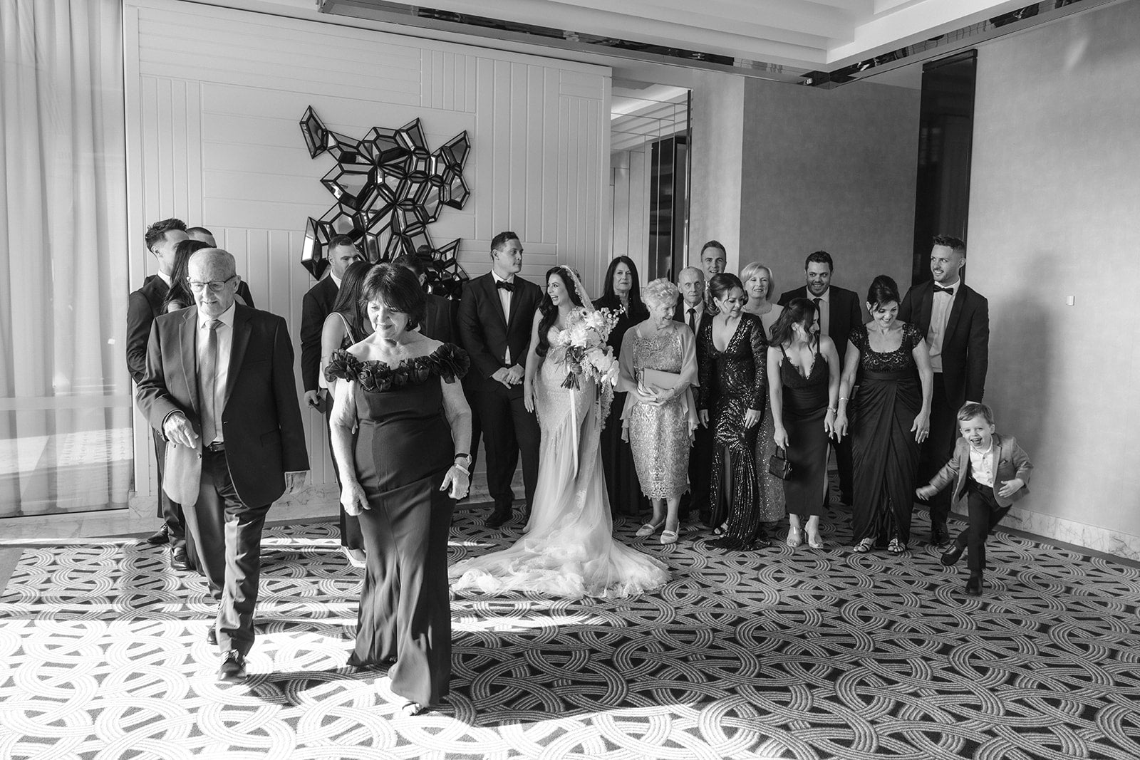 Bridal party group portrait inside Crown Perth before the ceremony
