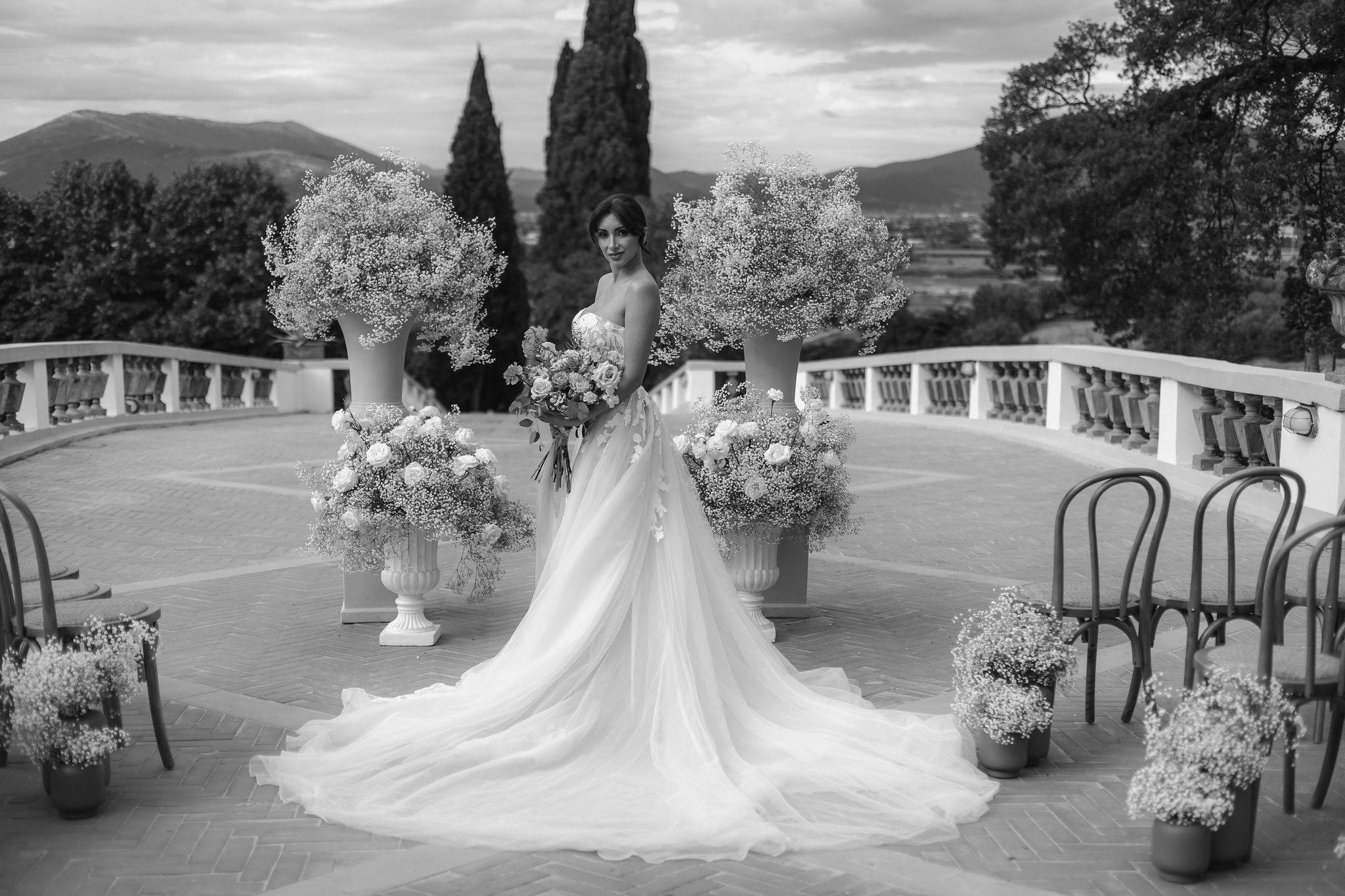 Bride at ceremony Tuscany at Villa Castelletti in the countryside 